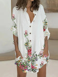 woloong Flower Print Buttoned Loose Long Sleeves Lapel Shirt Dress Mini Dresses