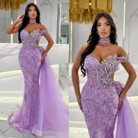 Stunning Purple Mermaid Evening Dresses Elegant Leaf Beading Shoulder Prom Dress Beads Side Train Custom Made Formal Dresses For Women 0515