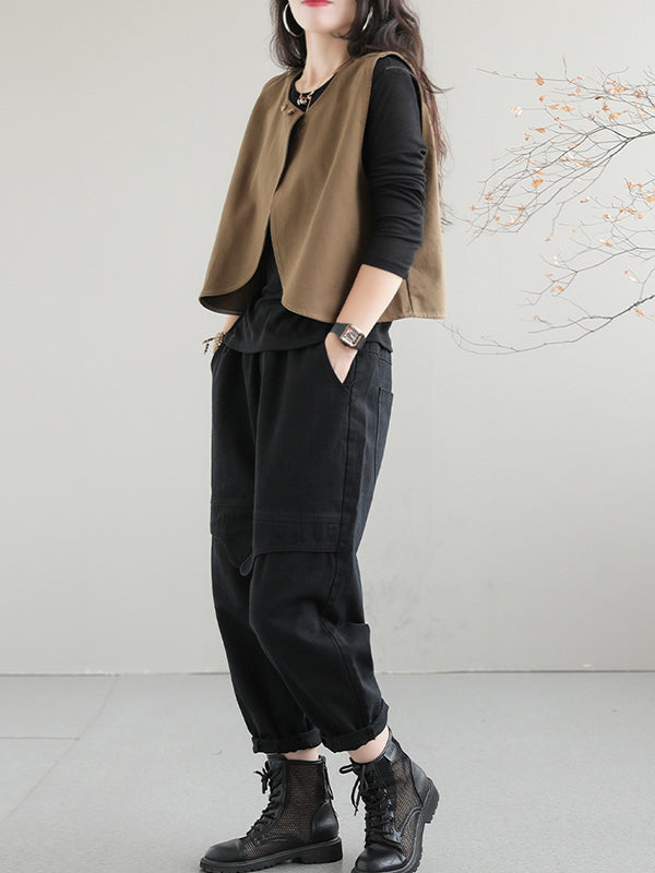 woloong Artistic Retro Loose Sleeveless Solid Color Round-Neck Vest Outerwear