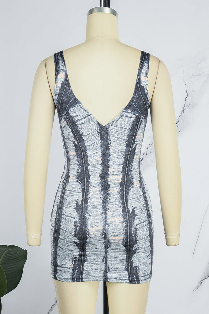 woloong - Grey Sexy Striped Ripped Patchwork Backless Spaghetti Strap One Step Skirt Dresses