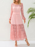 woloong Split-Joint Solid Color Mesh Elasticity Belted Puff Sleeves Loose Round-Neck Maxi Dresses