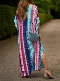 woloong Split-Side Printed Contrast Color Short Sleeves Loose V-Neck Maxi Dresses Beach Cover-Up