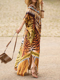 woloong Tiger Skin Pattern Split-side Printed Short Sleeves Loose V-neck Maxi Dresses Beach Cover-Up