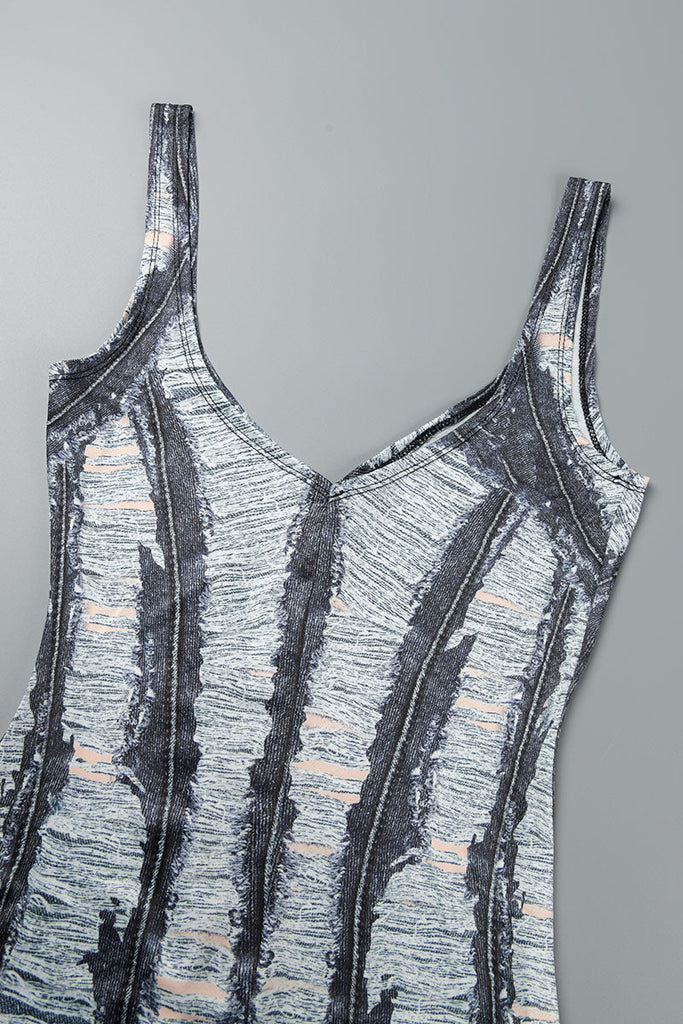 woloong - Grey Sexy Striped Ripped Patchwork Backless Spaghetti Strap One Step Skirt Dresses