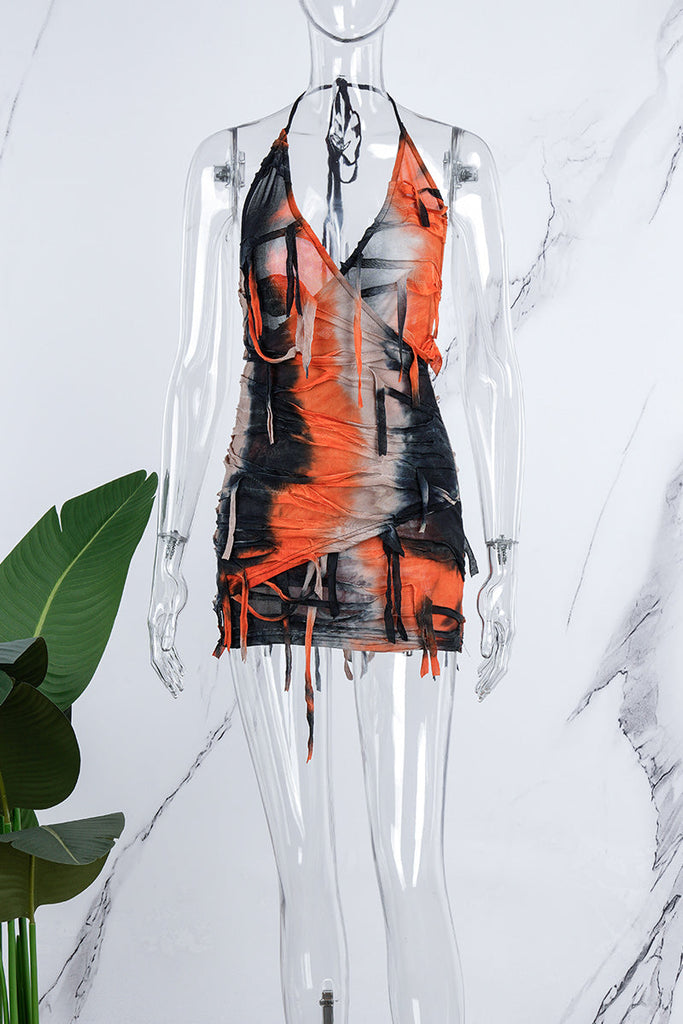 woloong - Apricot Sexy Print Bandage Tie-dye Backless Halter Sleeveless Dress Dresses
