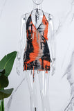 woloong - Apricot Sexy Print Bandage Tie-dye Backless Halter Sleeveless Dress Dresses