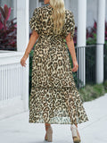 woloong Split-Joint Leopard Short Sleeves Loose Deep V-Neck Maxi Dresses