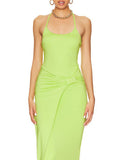 woloong Split-Side Split-Joint Solid Color Pleated Backless Sleeveless Skinny Halter-Neck Maxi Dresses