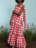 woloong Tied Split-Joint Plaid Sleeveless Loose Square-Neck Maxi Dresses