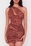 woloong - Red Sexy Print Hollowed Out Patchwork Backless Fold Oblique Collar One Step Skirt Dresses