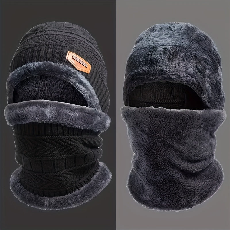 Winter Fleece-Lined Knitted Beanie and Scarf Set - Unisex Polyester Skull Cap with Face Cover for Outdoor Skiing, Casual Style Full Face Warmer with Knitted Weave - Multipurpose Thermal Hat and Neck Gaiter Combo