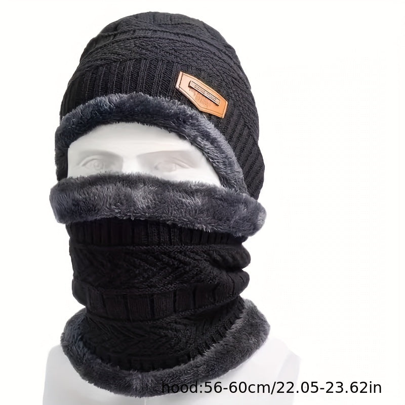 Winter Fleece-Lined Knitted Beanie and Scarf Set - Unisex Polyester Skull Cap with Face Cover for Outdoor Skiing, Casual Style Full Face Warmer with Knitted Weave - Multipurpose Thermal Hat and Neck Gaiter Combo