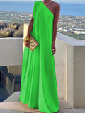 woloong Loose Asymmetric Solid Color Split-Joint One-Shoulder Maxi Dresses