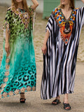 woloong Split-side Printed Leopard Short Sleeves Loose V-neck Maxi Dresses Beach Cover-Up