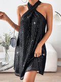woloong Solid Color Sequined Hollow Sleeveless Loose Halter-Neck Mini Dresses