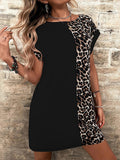 woloong Pockets Leopard Contrast Color Short Sleeves Raglan Sleeve Round-Neck Mini Dresses
