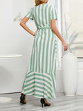 woloong Tied Striped Split-Joint Short Sleeves Loose V-Neck Maxi Dresses
