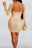 woloong - Black Sexy Elegant Solid Patchwork Backless Mesh Hot Drill Asymmetrical Collar One Step Skirt Dresses