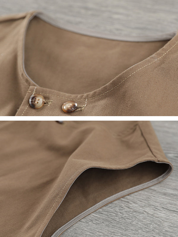 woloong Artistic Retro Loose Sleeveless Solid Color Round-Neck Vest Outerwear