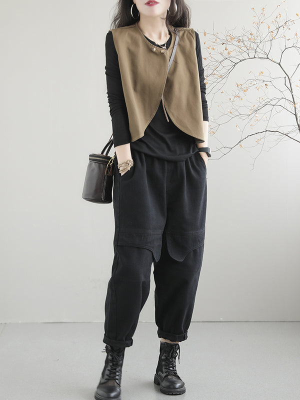 woloong Artistic Retro Loose Sleeveless Solid Color Round-Neck Vest Outerwear