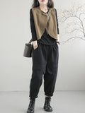 woloong Artistic Retro Loose Sleeveless Solid Color Round-Neck Vest Outerwear