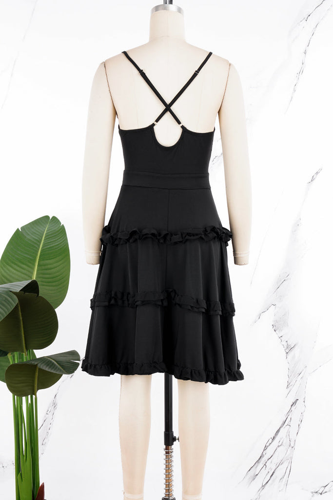 woloong - Black Sexy Sweet Daily Party Backless Solid Color Stringy Selvedge Spaghetti Strap Mini Dress Dresses