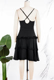 woloong - Black Sexy Sweet Daily Party Backless Solid Color Stringy Selvedge Spaghetti Strap Mini Dress Dresses