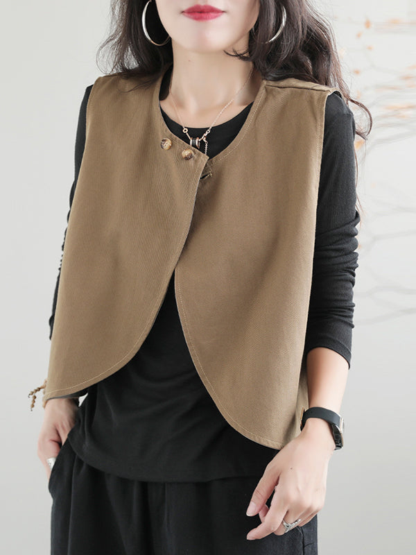 woloong Artistic Retro Loose Sleeveless Solid Color Round-Neck Vest Outerwear