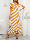 woloong Tied Striped Split-Joint Short Sleeves Loose V-Neck Maxi Dresses