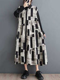 woloong Split-Joint Printed Buttoned Loose Long Sleeves Lapel Shirt Dress Midi Dresses