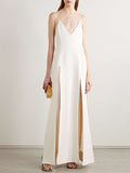 woloong Split-Joint Split-Front Split-Back Solid Color See-Through Sleeveless Loose Spaghetti-Neck Maxi Dresses