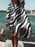 woloong High-Low Long Sleeves Buttoned Split-Side Striped Lapel Dresses Midi Dresses Shirt Dress