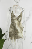 woloong - Apricot Street Tie Dye Tassel Patchwork Backless One Step Skirt Dresses