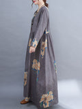 woloong Casual Loose Pleated Flower Printed Round-Neck Long Sleeves Maxi Dress