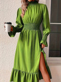 woloong Split-Front Solid Color Elasticity Loose Long Sleeves Mock Neck Midi Dresses