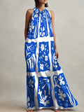 woloong Tied Printed Sleeveless Loose Heaps Collar Maxi Dresses