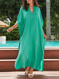 woloong Sun Protection Split-Side Solid Color Loose Half Sleeves V-Neck Maxi Dresses Beach Cover-Up