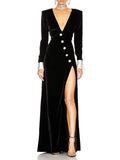 woloong Split-Front Shoulder Pad Buttoned Asymmetric Skinny Long Sleeves Deep V-Neck Maxi Dresses