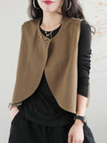 woloong Artistic Retro Loose Sleeveless Solid Color Round-Neck Vest Outerwear