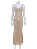 woloong Split-Joint Sequined See-Through Sleeveless Skinny Spaghetti-Neck Maxi Dresses