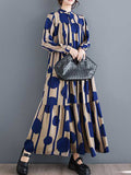 woloong Split-Joint Polka-Dot Pleated Buttoned Loose Long Sleeves Stand Collar Shirt Dress Maxi Dresses
