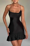woloong - Black Sexy Solid Backless Cross Straps Spaghetti Strap Sleeveless Dress Dresses