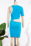 woloong - Blue Sexy Solid Hollowed Out Patchwork O Neck One Step Skirt Dresses