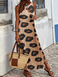 woloong Split-Side Printed Leopard Sleeveless Loose Round-Neck Maxi Dresses