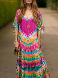 woloong Tie-dyed Split-side Short Sleeves Loose V-neck Maxi Dresses Beach Cover-Up