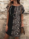 woloong Pockets Leopard Contrast Color Short Sleeves Raglan Sleeve Round-Neck Mini Dresses