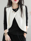 woloong Artistic Retro Loose Sleeveless Solid Color Round-Neck Vest Outerwear