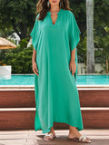 woloong Sun Protection Split-Side Solid Color Loose Half Sleeves V-Neck Maxi Dresses Beach Cover-Up