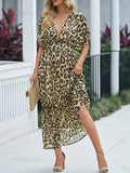 woloong Split-Joint Leopard Short Sleeves Loose Deep V-Neck Maxi Dresses