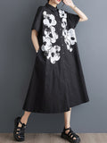 woloong Flower Print Buttoned Asymmetric Short Sleeves Loose Lapel Shirt Dress Midi Dresses